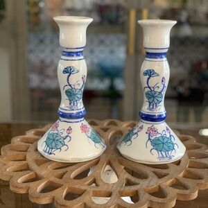 Floral Blue and White Ceramic Candle Holders